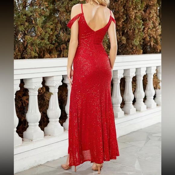 Luxe red cold shoulder slit thigh party formal prom wedding gown sequins dress - Picture 6 of 7